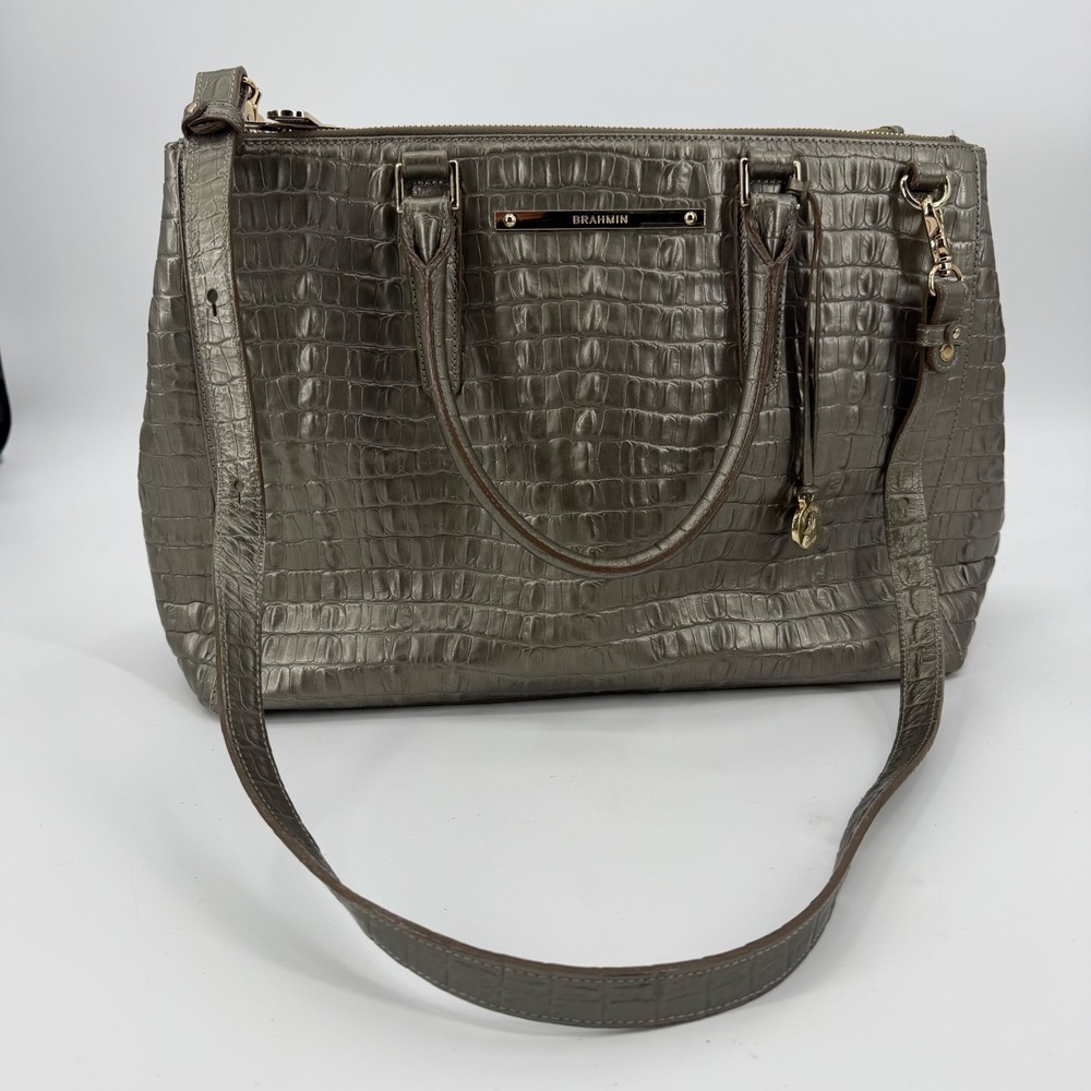 Brahmin Metallic Pewter Grey Croc Embossed Leather Satchel Handbag Gold Hardware